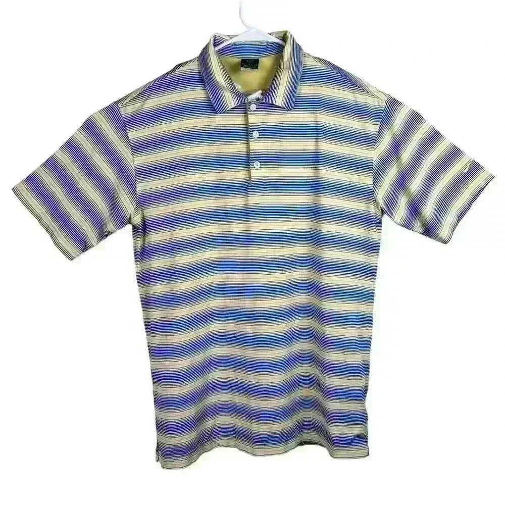 Nike‎ Golf Dri-Fit UV Striped Polo Shirt Mens Large Yellow Blue Striped Stretch